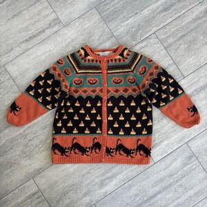 Vtg Halloween Cardigan Hand Knit Sweater Lauren Hansen Cat Boo Small